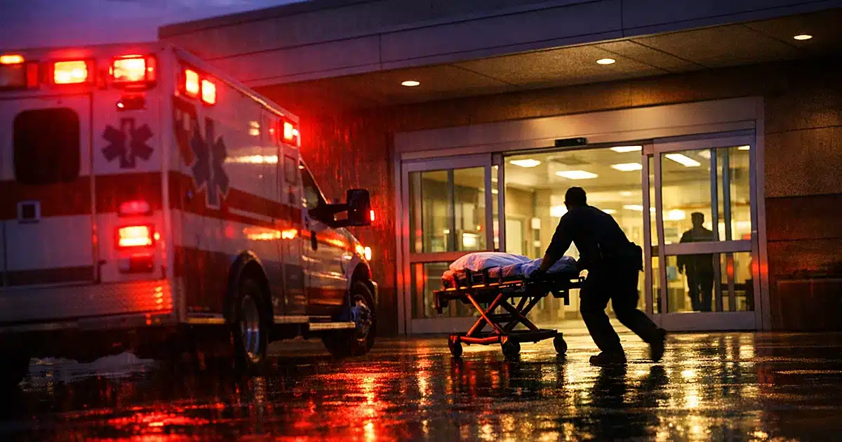 Hospital emergency room entrance at dusk with ambulance lights flashing and silhouetted paramedic moving gurney