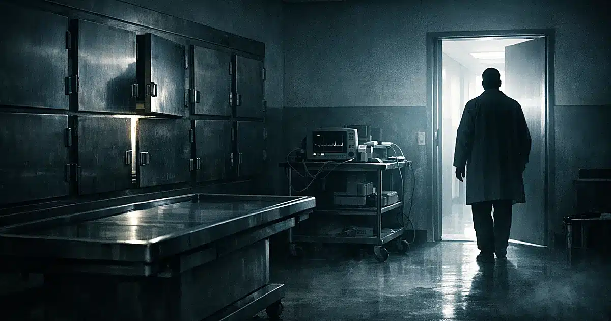 Silhouetted medical examiner entering a dimly lit hospital morgue with steel tables and refrigerated storage units