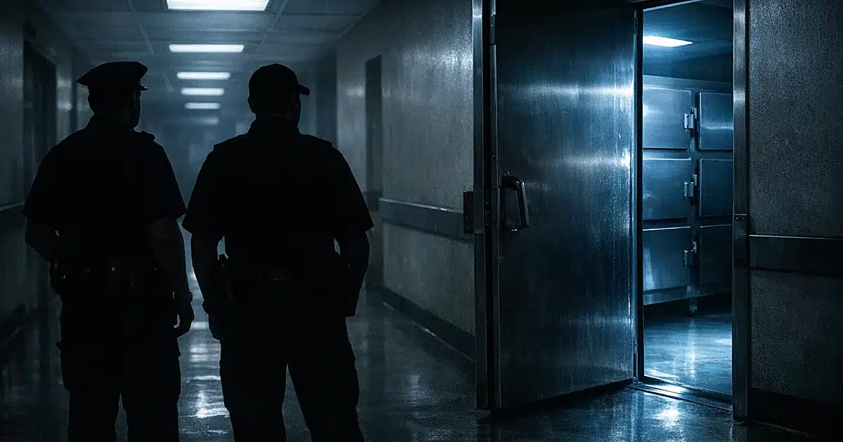Hospital morgue door ajar with cold light spilling out, two police officer silhouettes standing in dark corridor