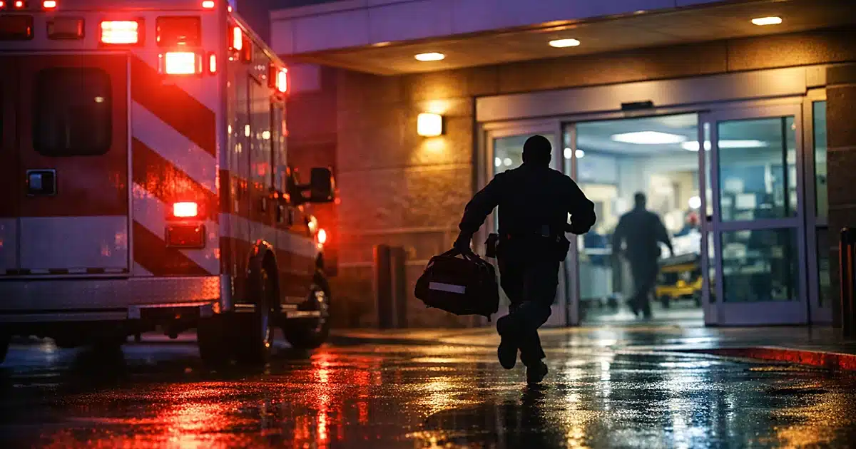 Hospital emergency room entrance at dusk with ambulance lights flashing and silhouetted paramedic in motion