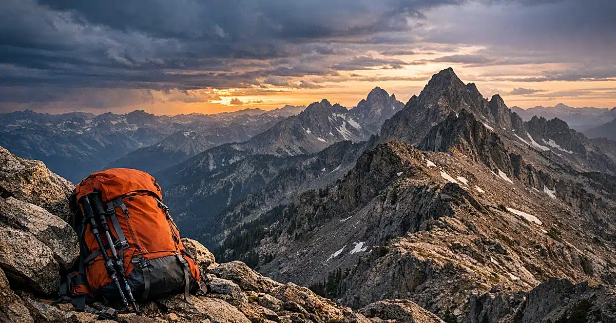Orange hiking backpack on rocky mountain ridgeline with distant Teton peaks under storm clouds at dusk