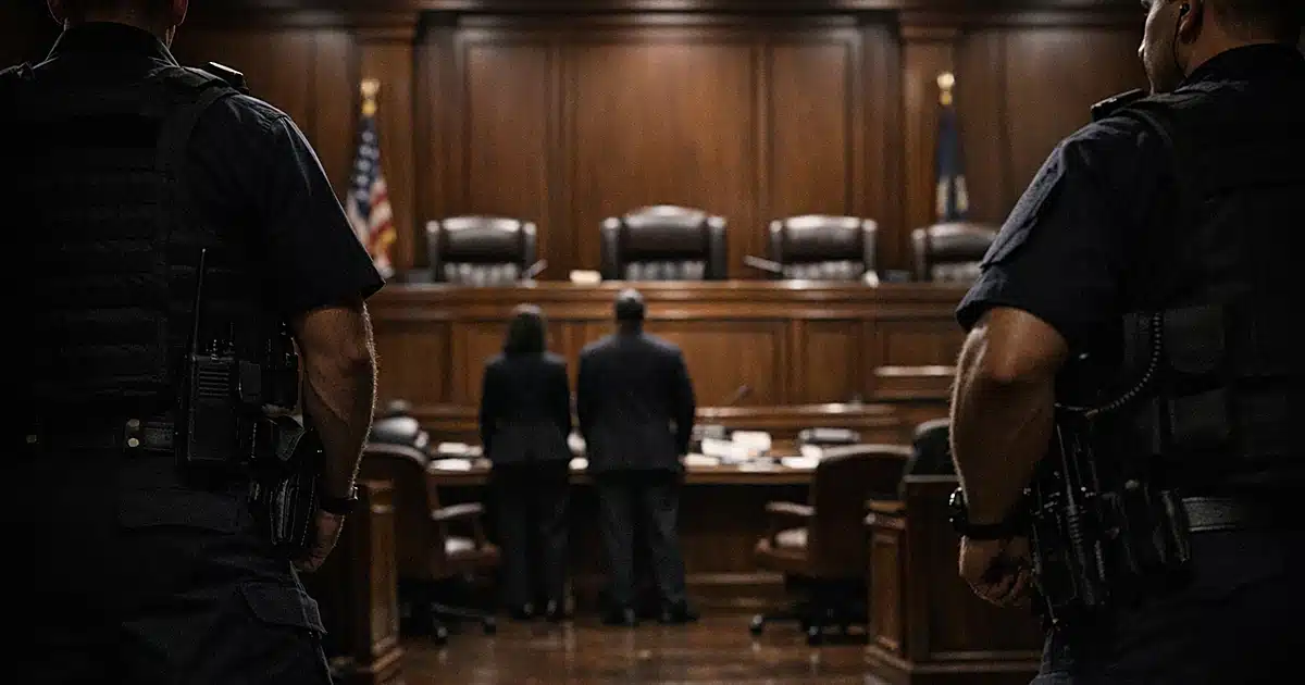 Federal courtroom interior with security personnel silhouettes standing ready near empty judicial bench