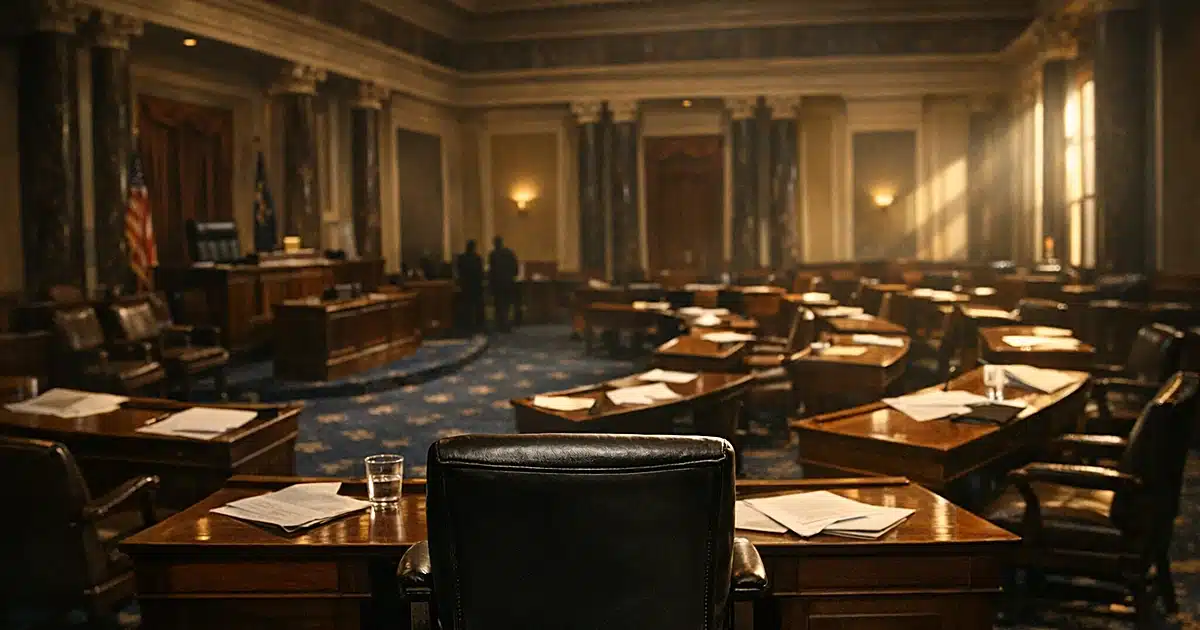 Empty Senate chamber with vacant leather chair and scattered papers on mahogany desk under dramatic window light