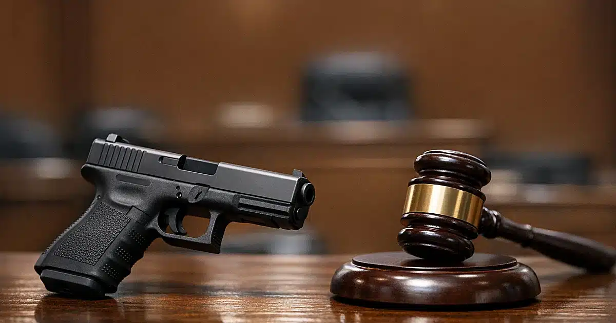 Glock-style handgun and gavel on courtroom bench with empty gallery seats in background