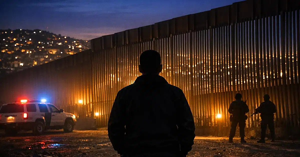 Silhouetted figure at illuminated U.S.-Mexico border fence at night with city lights in background