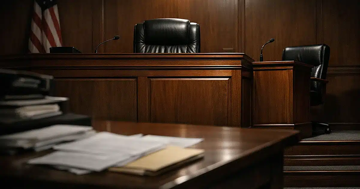 Empty federal courtroom with judge's bench and witness stand in dramatic lighting