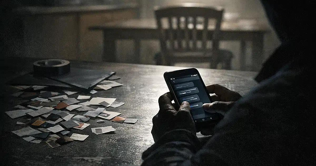 Smartphone with threatening messages and cut-out ransom letters on desk, empty chair visible in background