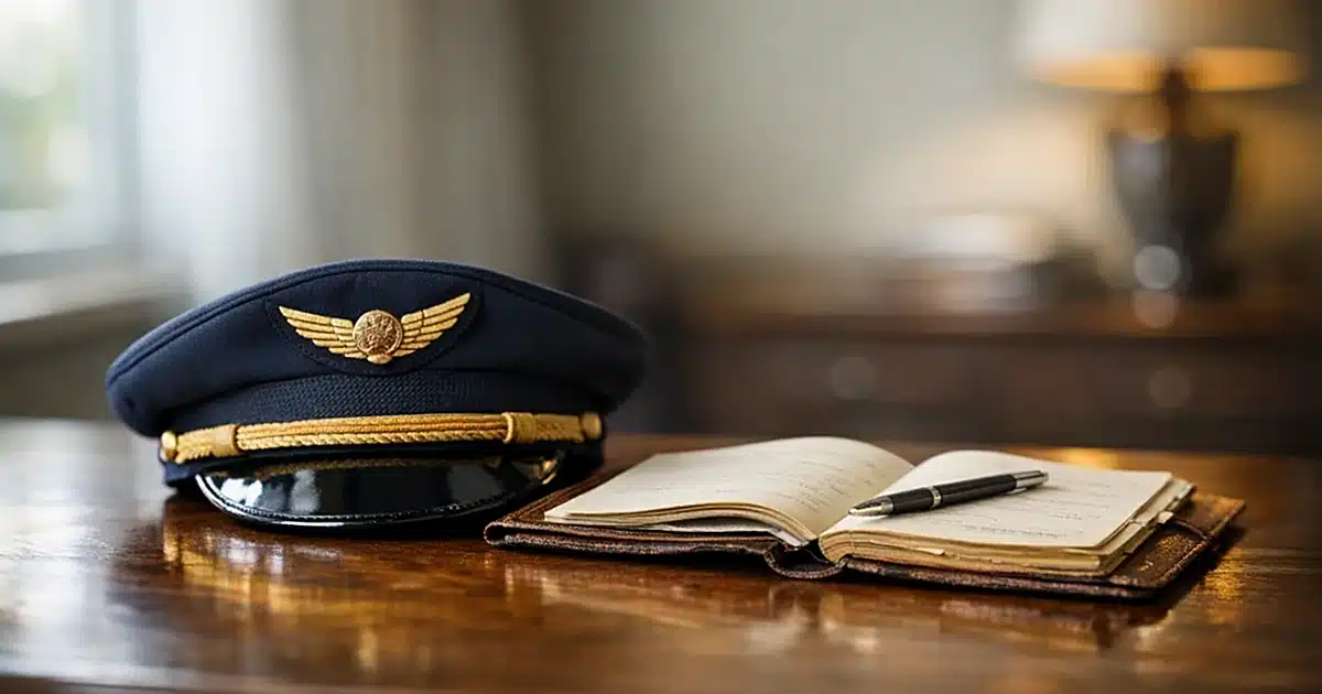 Airline captain's uniform cap and leather logbook on wooden surface with soft natural lighting