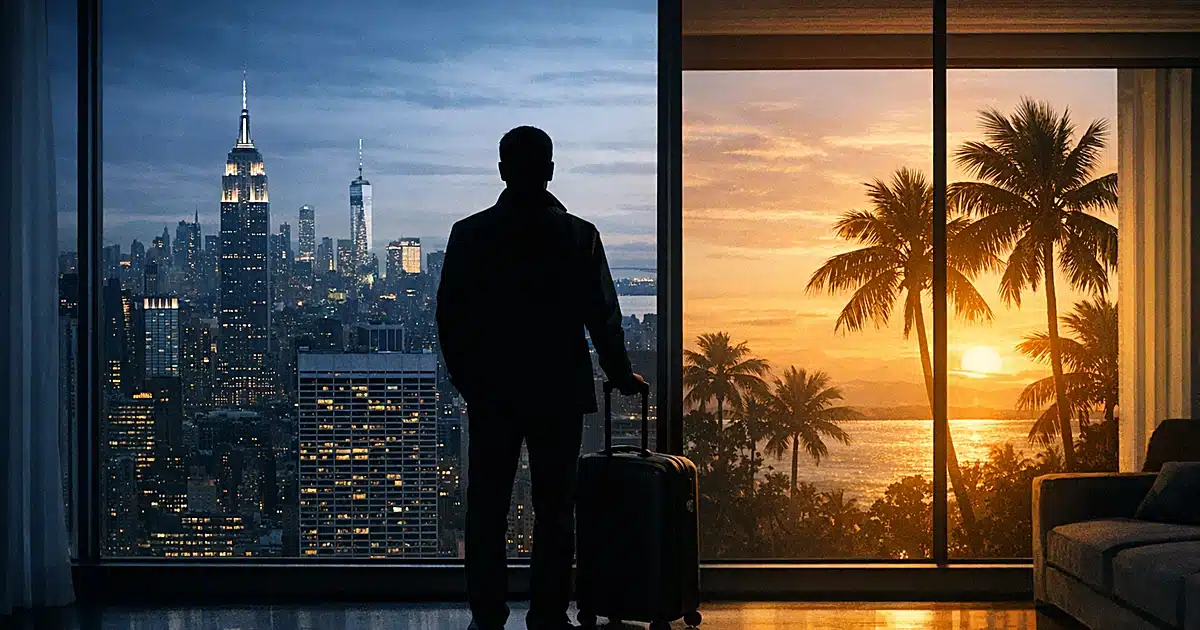 Silhouetted person with luggage viewing NYC skyline from apartment, with Florida palm trees visible in distance