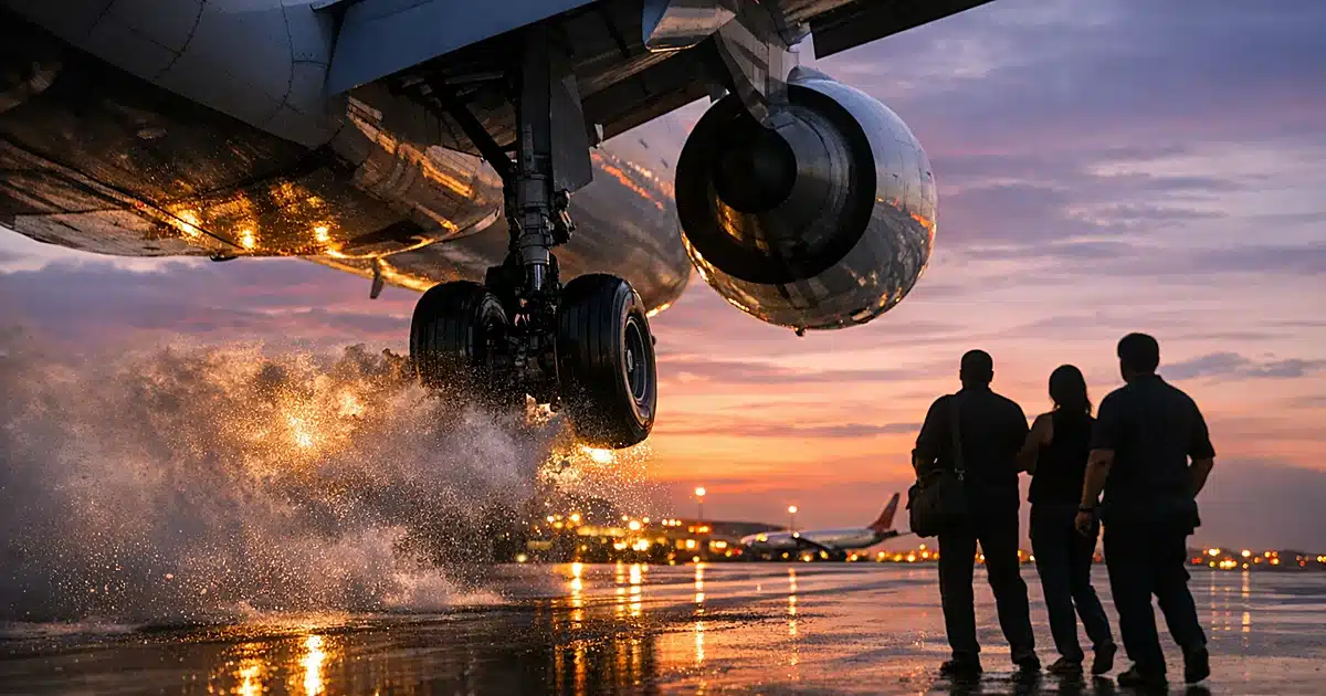 Commercial aircraft landing gear touching down on wet runway at dusk with terminal lights in background