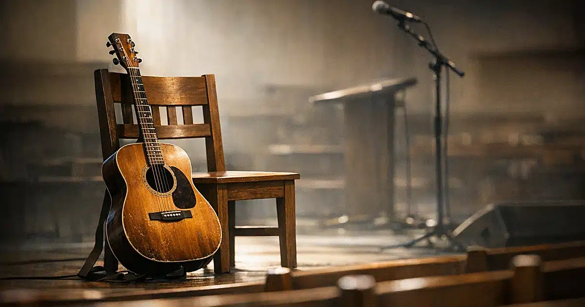 Acoustic guitar resting against chair on empty church stage with blurred pews in background