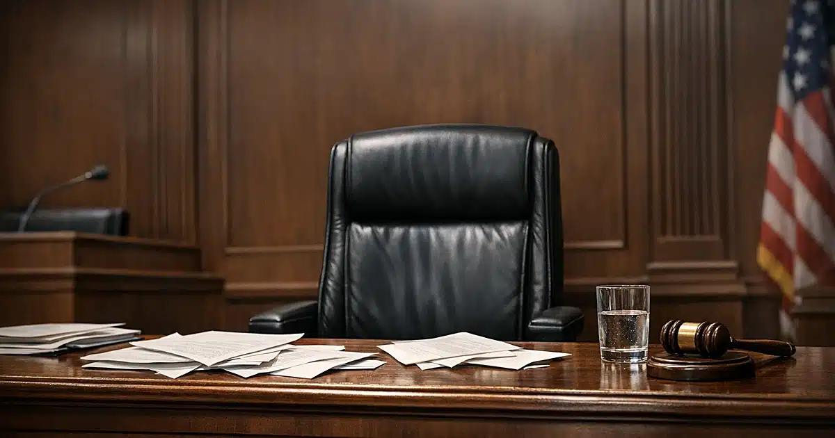 Empty federal judge's bench in courtroom with vacant leather chair and scattered papers on wooden surface