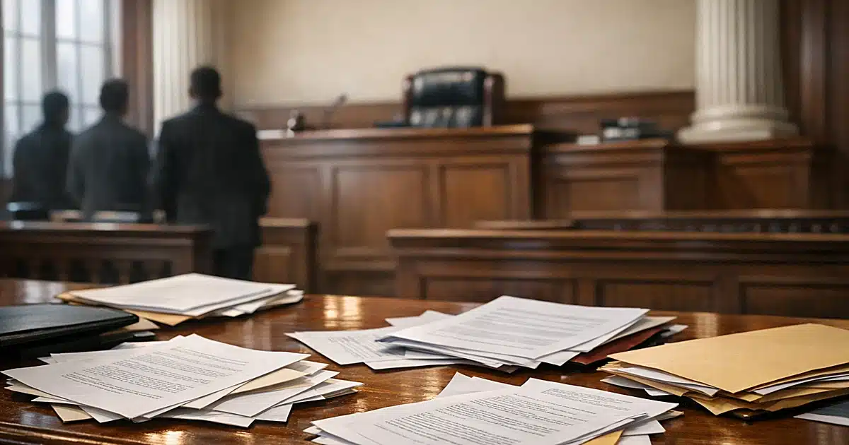 Federal courtroom bench with scattered legal documents and silhouetted figures in background