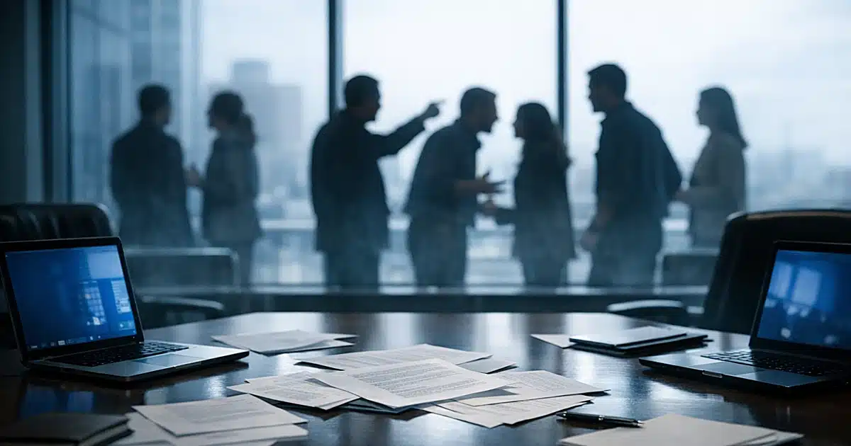Newsroom conference table with laptops and documents, silhouetted figures in tense discussion visible through windows