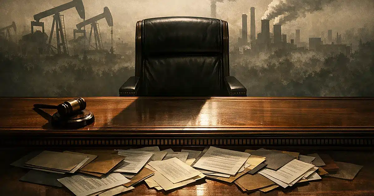 Empty Supreme Court bench chair with gavel overlooking documents, with oil derricks silhouetted in background