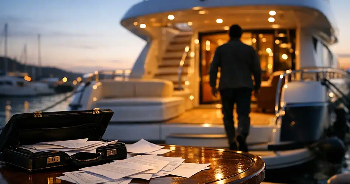 Luxury yacht deck at Ibiza marina with scattered documents and silhouetted figure walking away at dusk