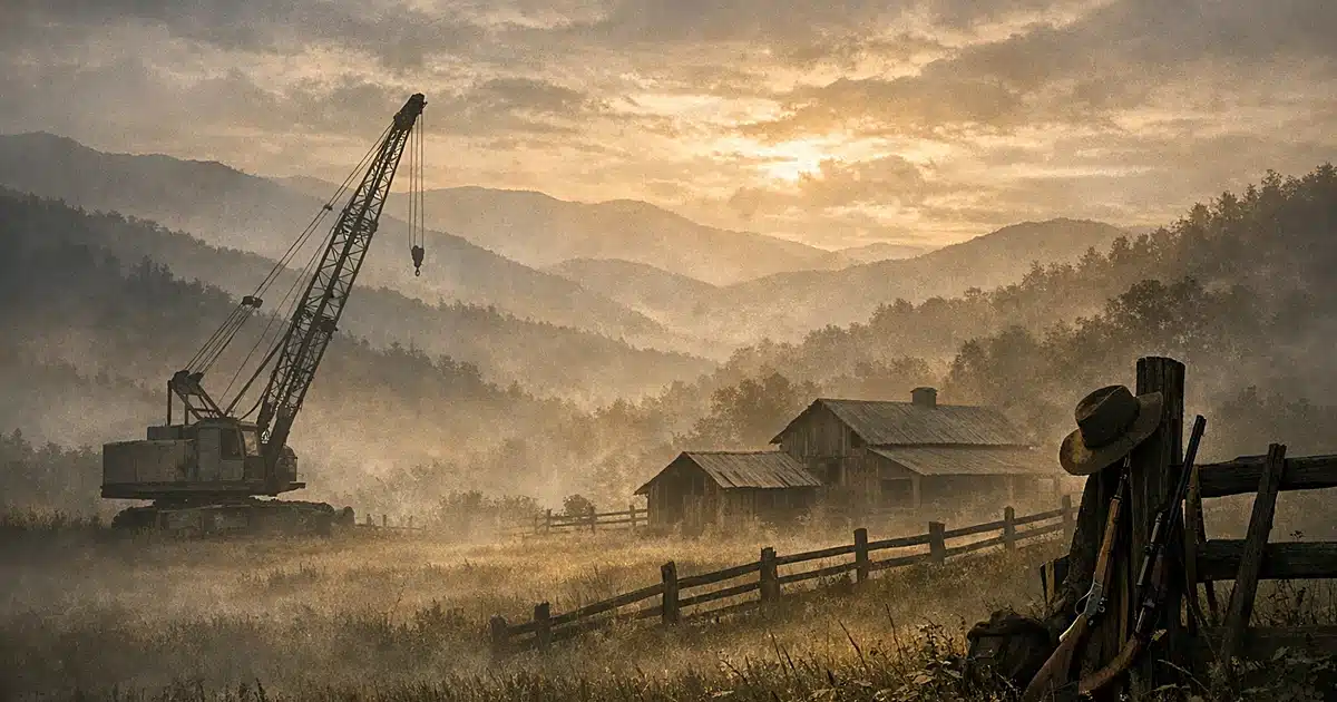 Crane and rural homestead in foggy East Tennessee mountains at dawn with hunting tools by fence post