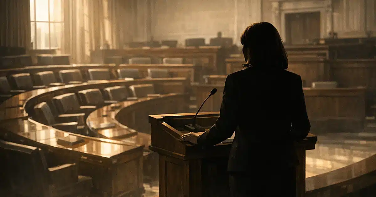 Silhouetted figure at podium in empty government chamber with tiered seating and dramatic window light