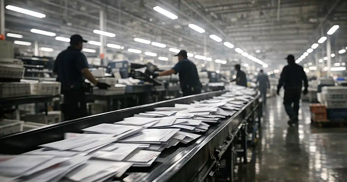 Mail-in ballot envelopes moving through postal sorting facility with silhouetted workers processing mail