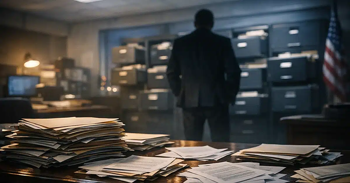 Silhouetted figure at filing cabinets with scattered documents on table in federal office at dusk