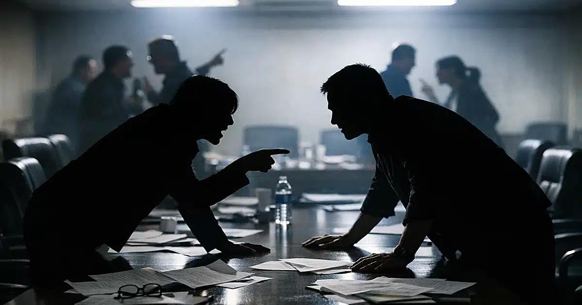 Silhouetted figures in confrontational stance across conference table in dimly lit meeting room