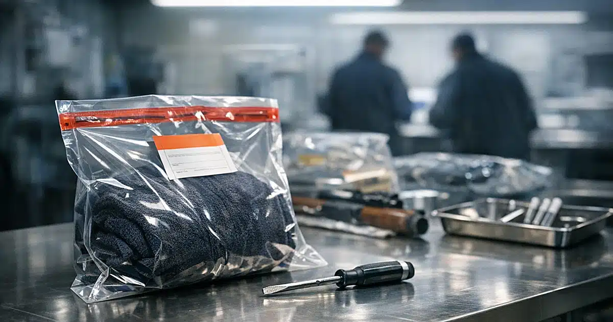 Sealed evidence bag containing towel on forensic examination table in laboratory under fluorescent lighting