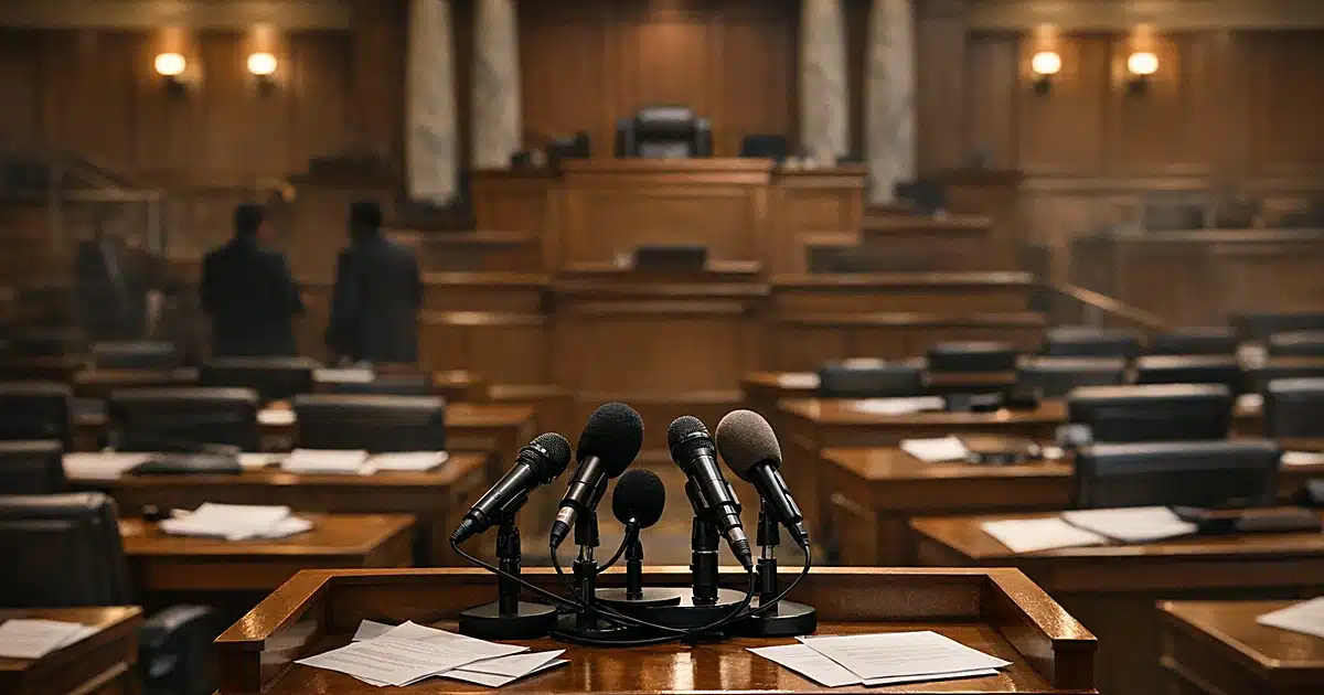 Empty legislative chamber with podium and microphones, scattered papers on desks, warm overhead lighting