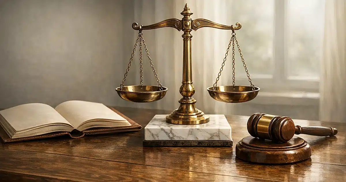 Abstract representation of justice system with balanced scales, gavel, and open book in natural lighting