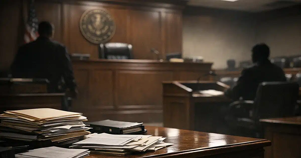 Empty federal courtroom with judge's bench and legal documents on prosecution table in dramatic lighting