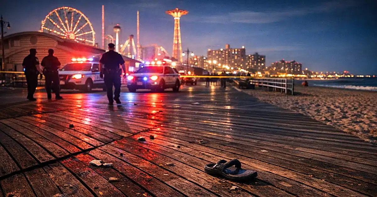Empty Coney Island boardwalk at night illuminated by police emergency lights with distant city skyline