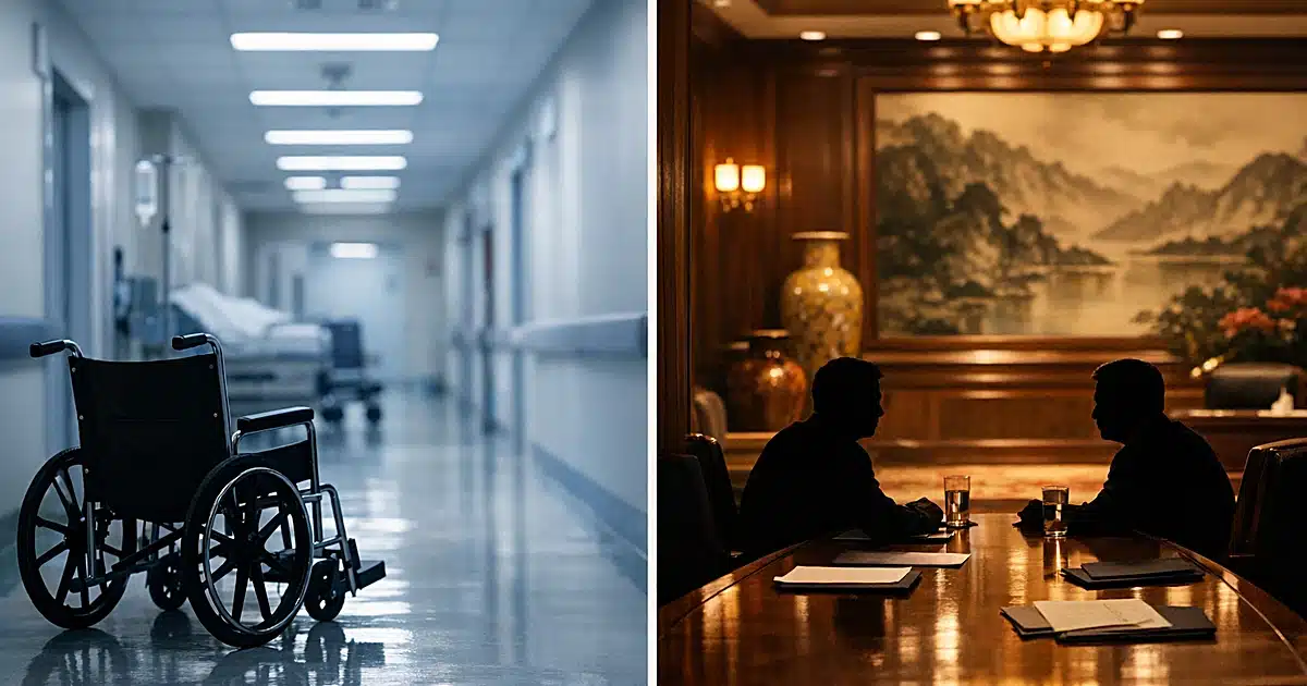 Split view of hospital corridor and formal Chinese government meeting room with conference table