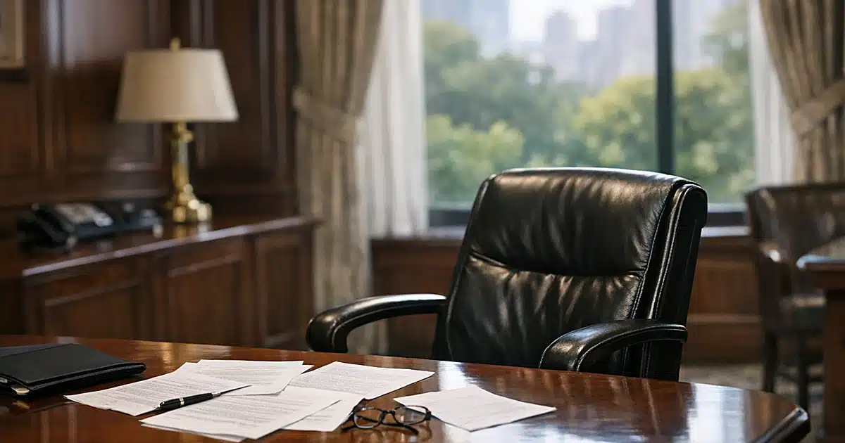Empty leather chair pushed back from law firm conference table with scattered documents and Central Park view