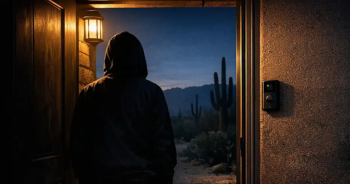 Silhouetted figure at doorway with security camera in pre-dawn desert neighborhood setting