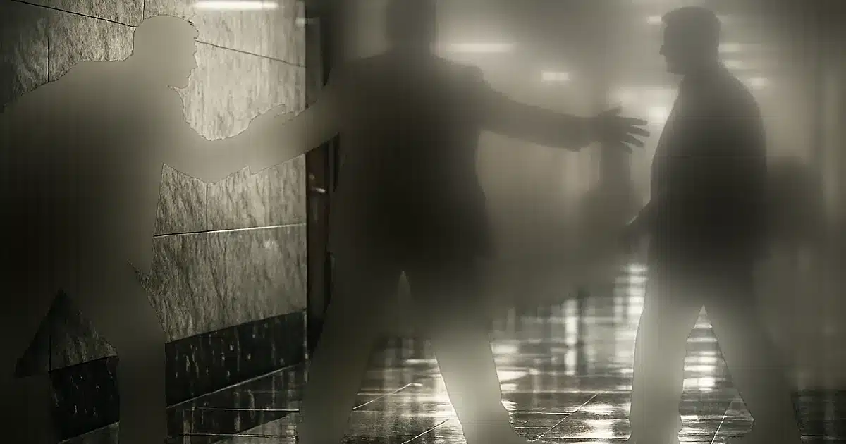 Silhouetted figures in confrontation in a courthouse hallway with dramatic lighting and long shadows