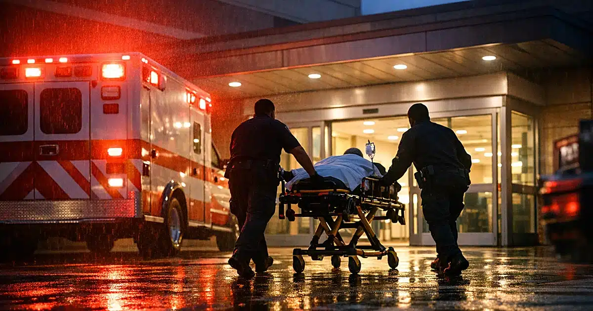 Emergency room entrance with ambulance and paramedics wheeling gurney toward hospital doors at dawn