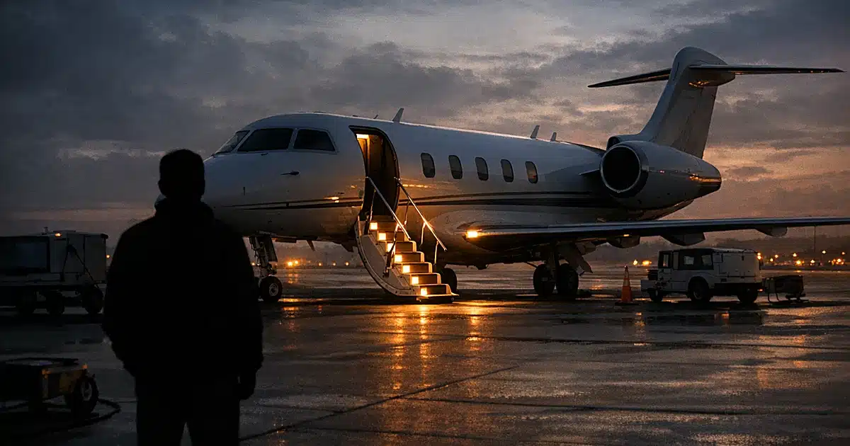 Business jet on tarmac at dusk with open cabin door and silhouetted figure standing before it