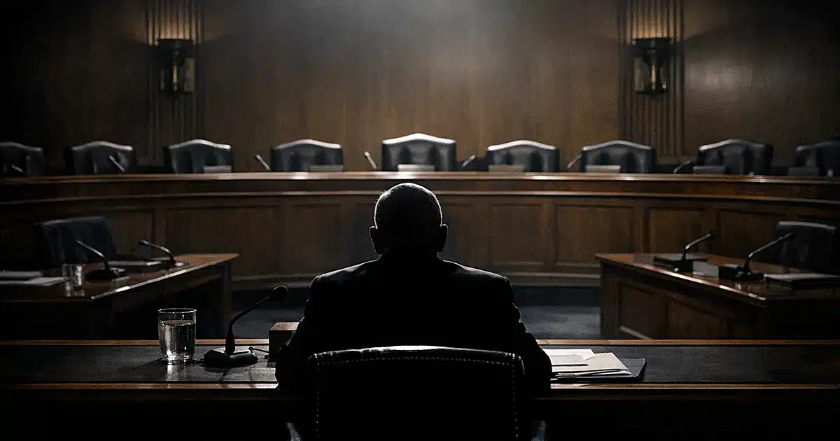 Silhouetted figure at witness table facing empty elevated chairs in a dark congressional hearing room