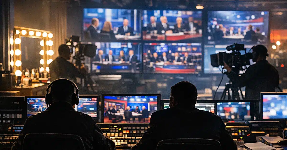 Television studio control room with glowing monitors and silhouetted production crew during broadcast