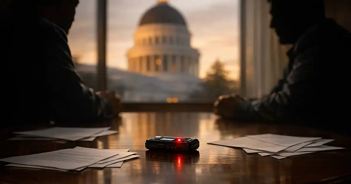 Recording device on conference table with silhouetted figures and Capitol dome visible through windows