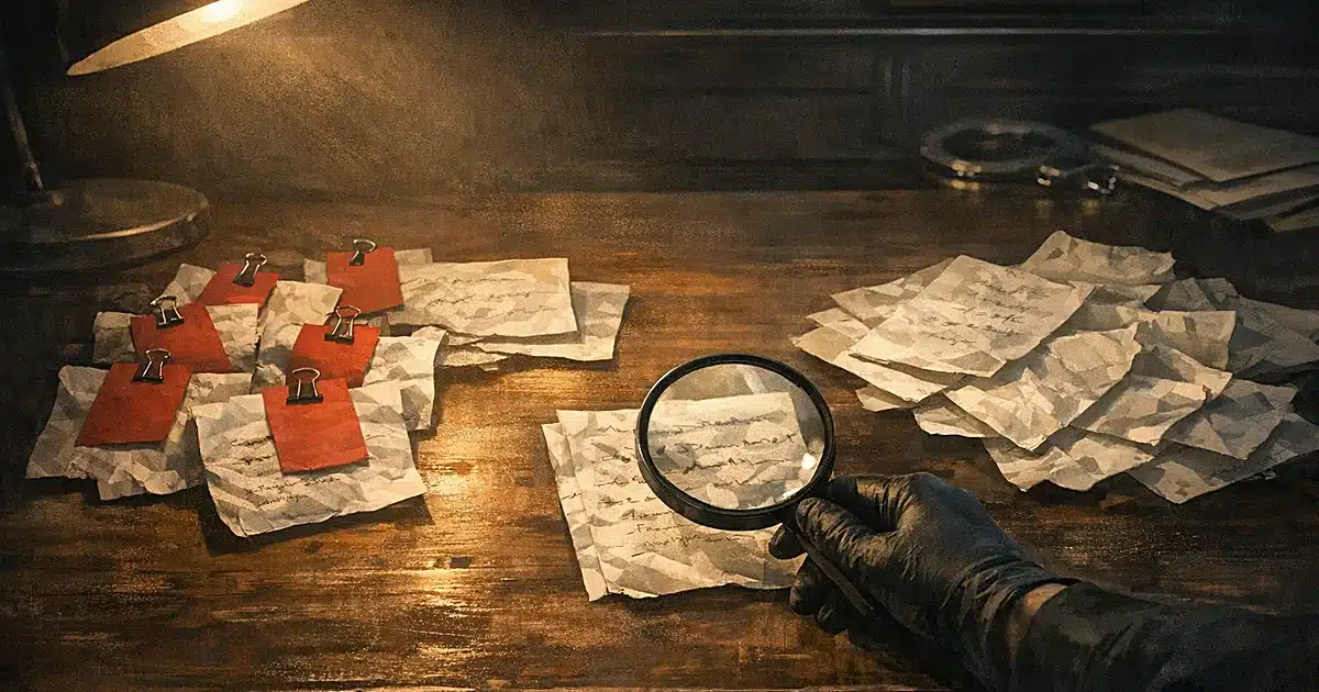 Forensic examination of multiple ransom notes on desk, some tagged as evidence, others unmarked, under magnifying glass