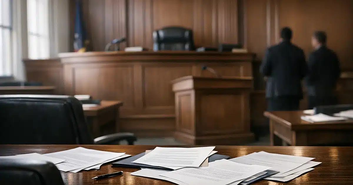Empty federal courtroom interior with judge's bench, witness stand, and scattered legal documents on table