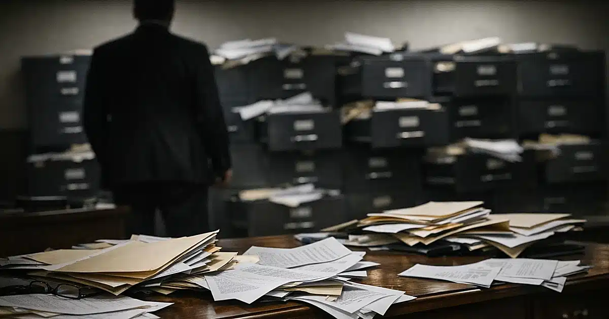 Government office with scattered documents on desk and silhouetted figure facing open filing cabinets