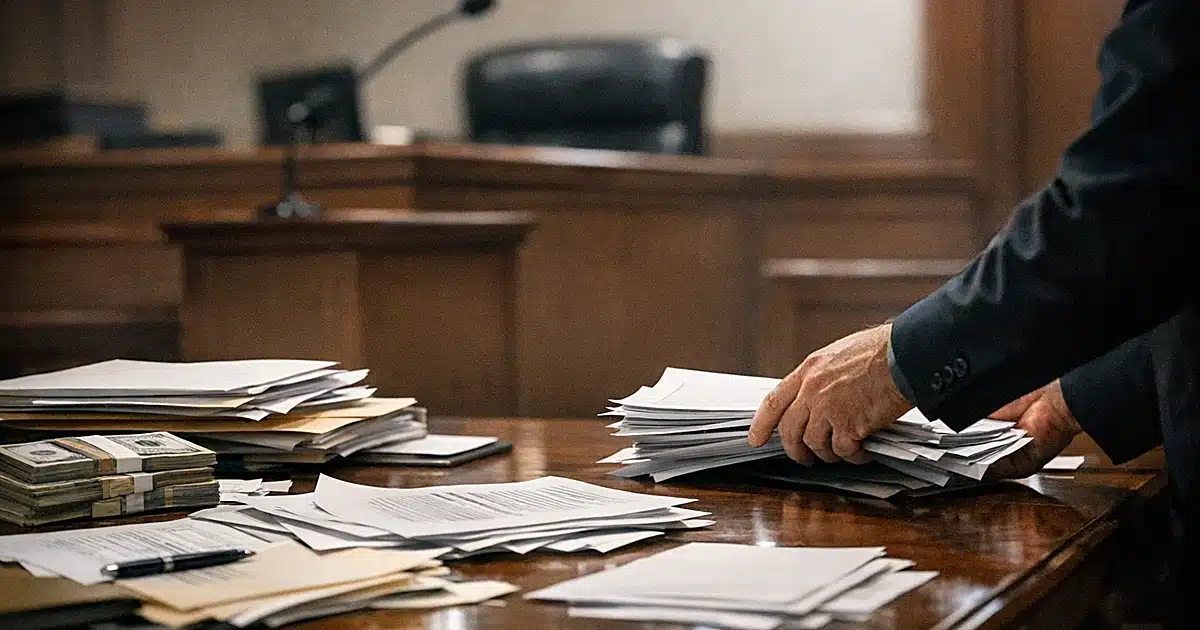 Federal courtroom evidence table with stacks of documents and folders during fraud case proceedings