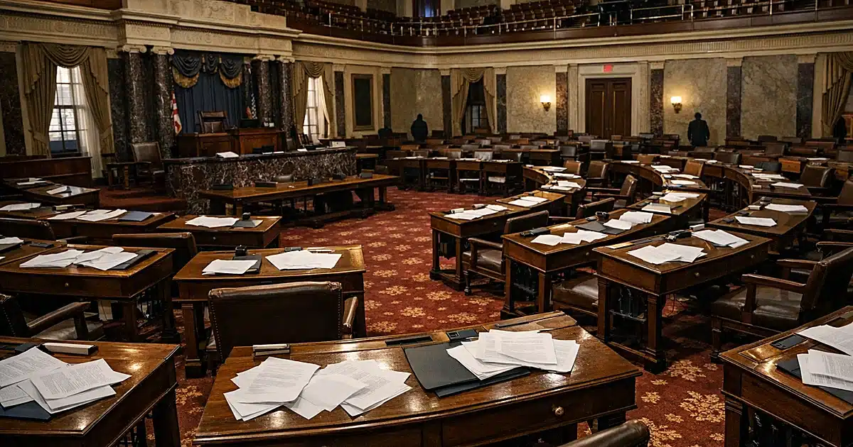 Empty Senate chamber with scattered papers on desks, dramatic window lighting casting shadows across burgundy carpet