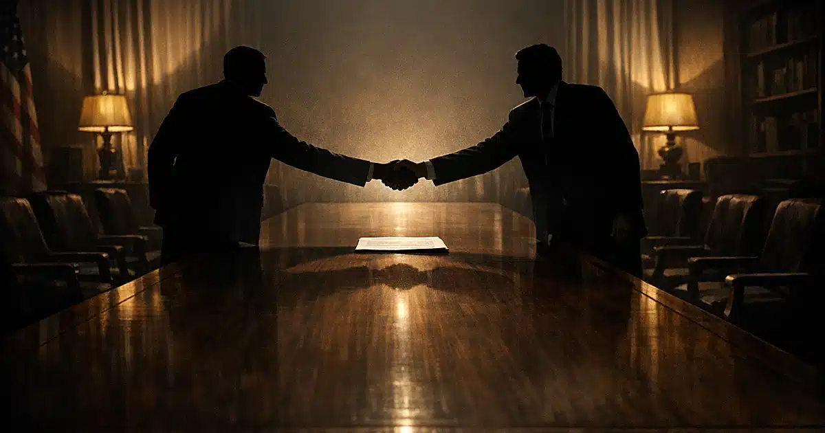 Two silhouetted figures shake hands across a long table over a document, representing bipartisan cooperation