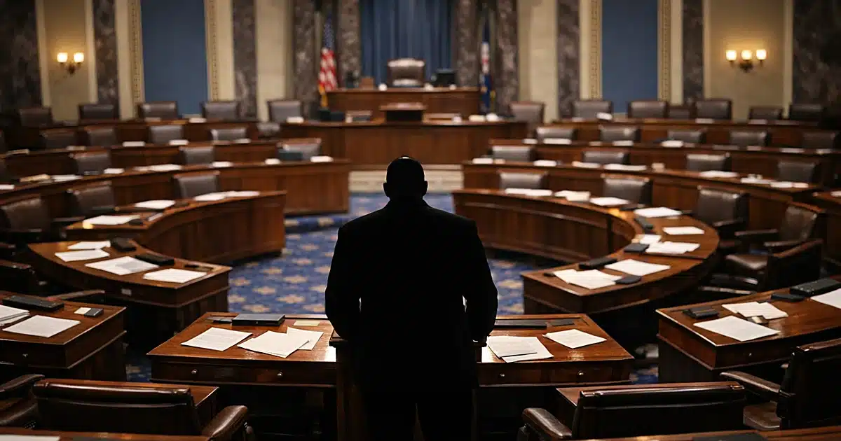 Wide view of Senate chamber with scattered papers on desks and single silhouetted figure standing alone