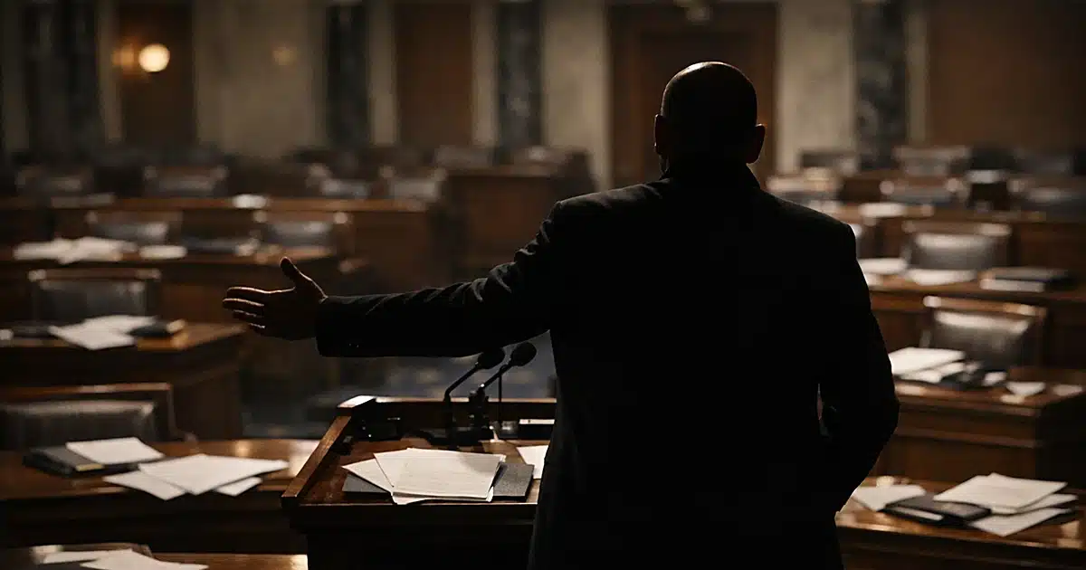 Silhouetted figure gesturing at podium in empty Senate chamber with scattered papers on desks