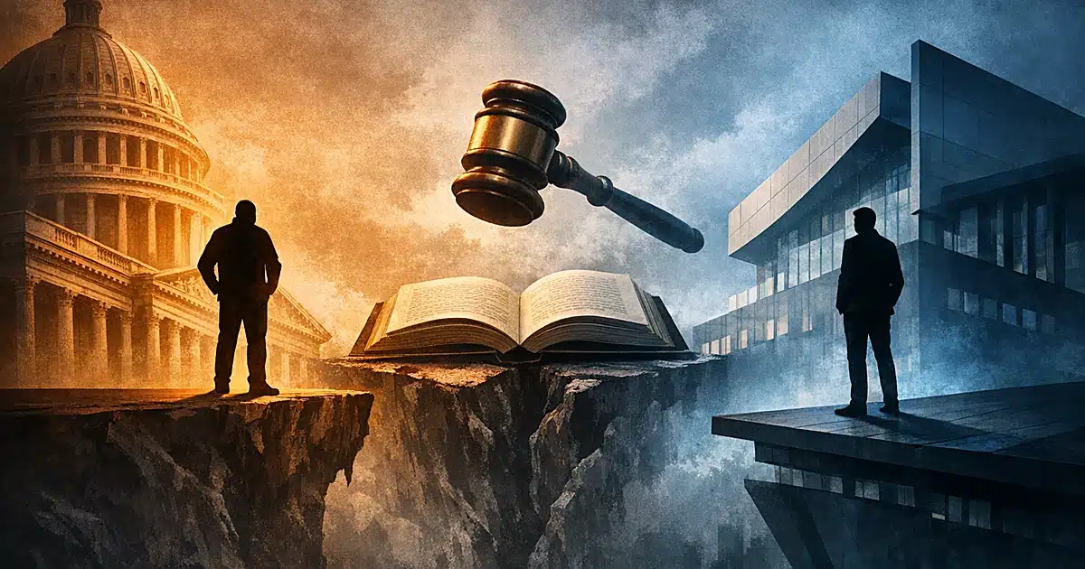 Two silhouetted figures on opposite sides with gavel suspended between them, representing political clash over authority
