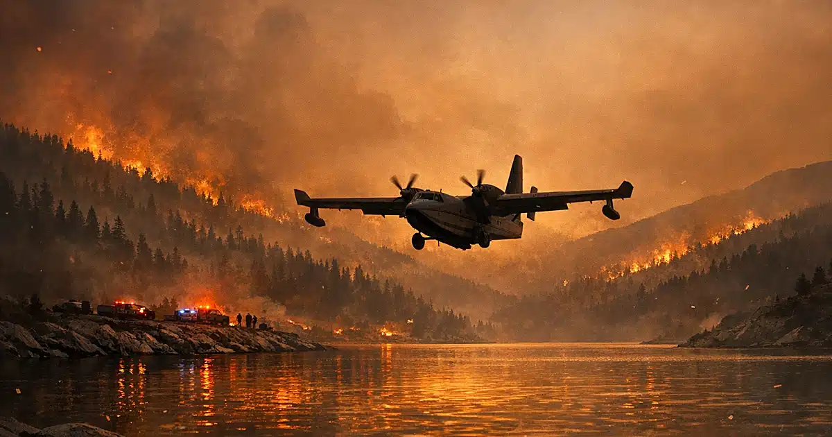 Firefighting aircraft flying low over mountain reservoir with wildfire smoke filling sky and emergency vehicles on shore