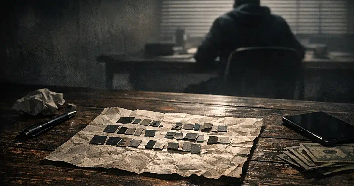 Ransom note on table with silhouetted figure in shadowy room with venetian blinds